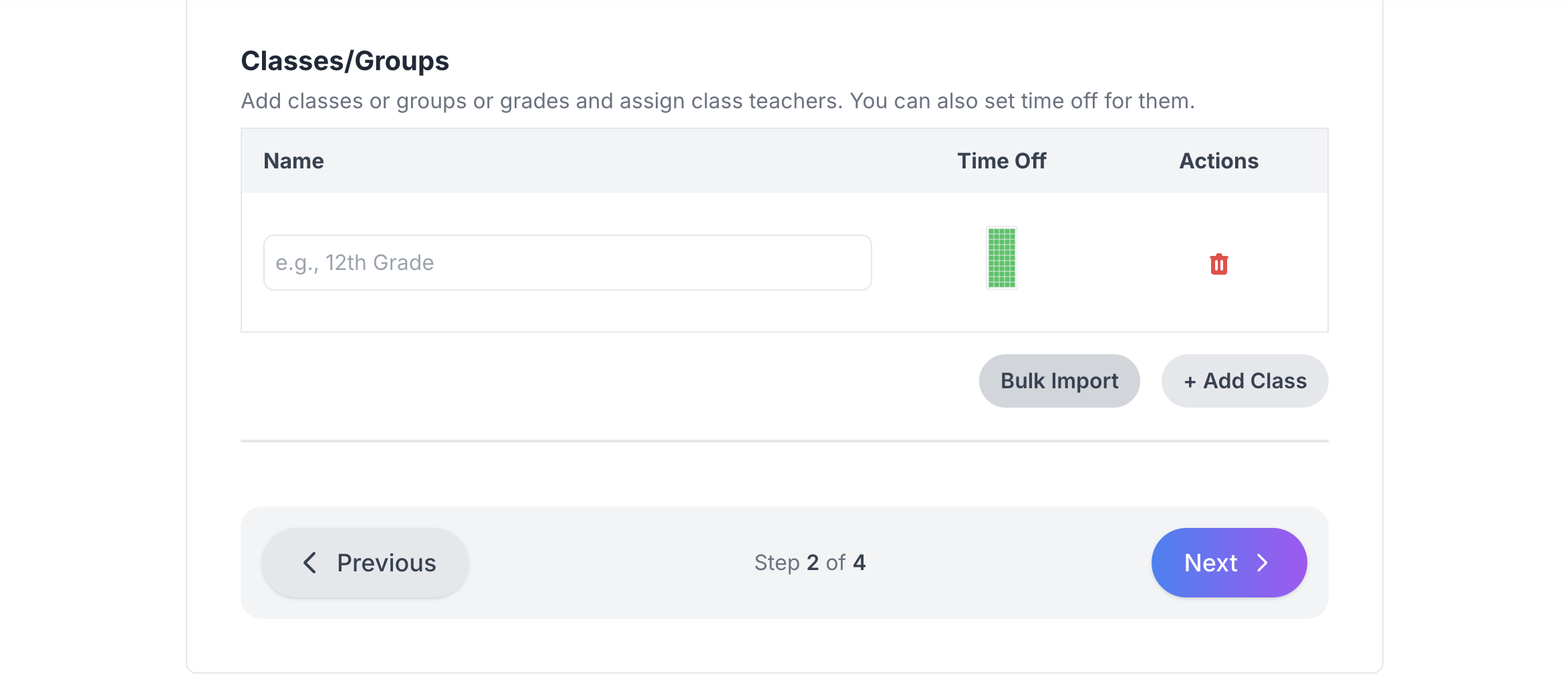 Class Setup Interface