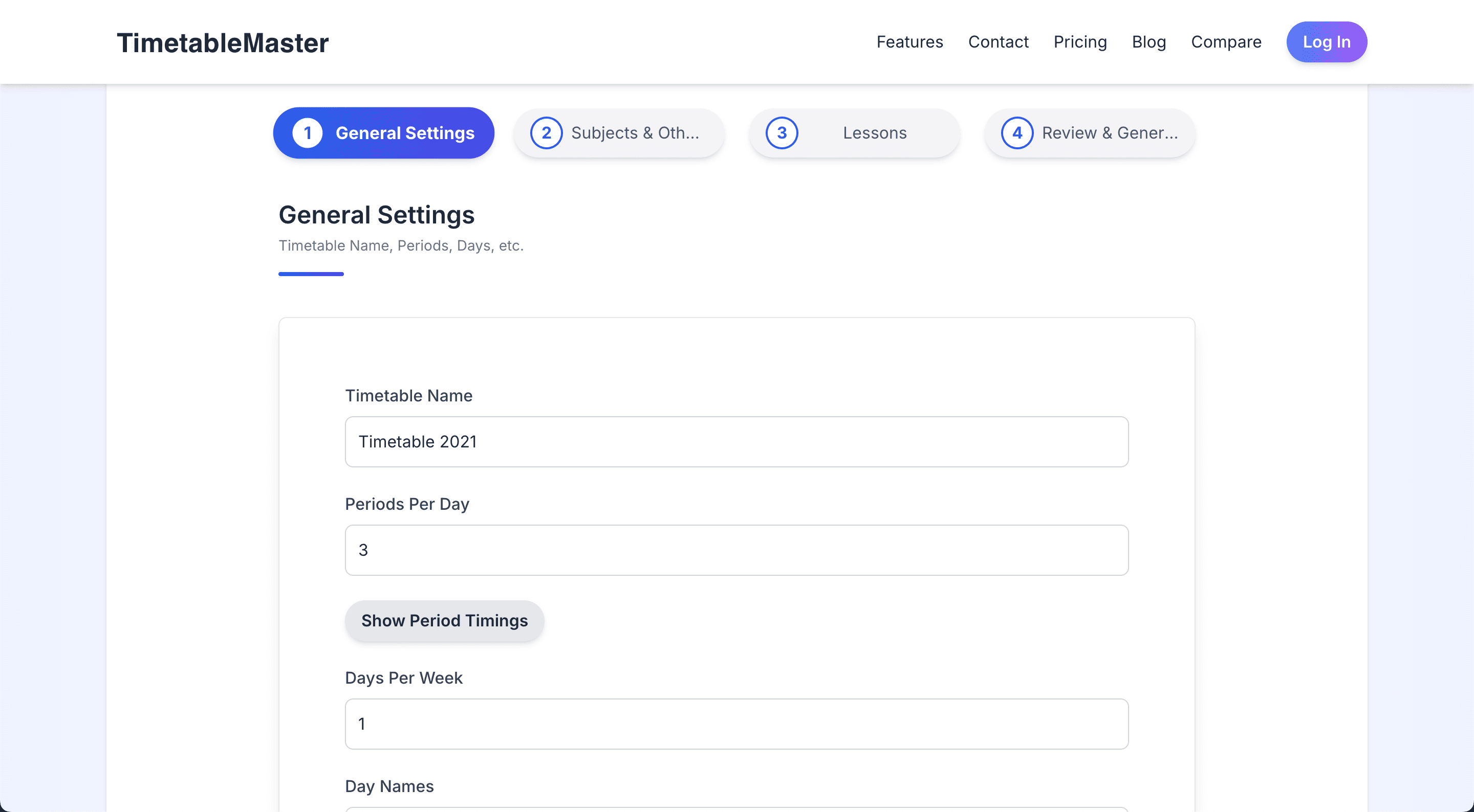 TimetableMaster Interface - Online School Timetable Generator