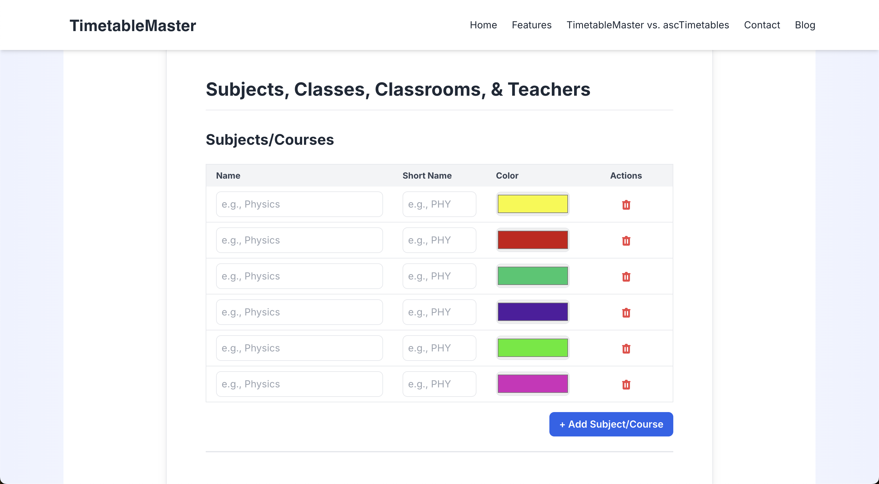 Add Subject Details in TimetableMaster