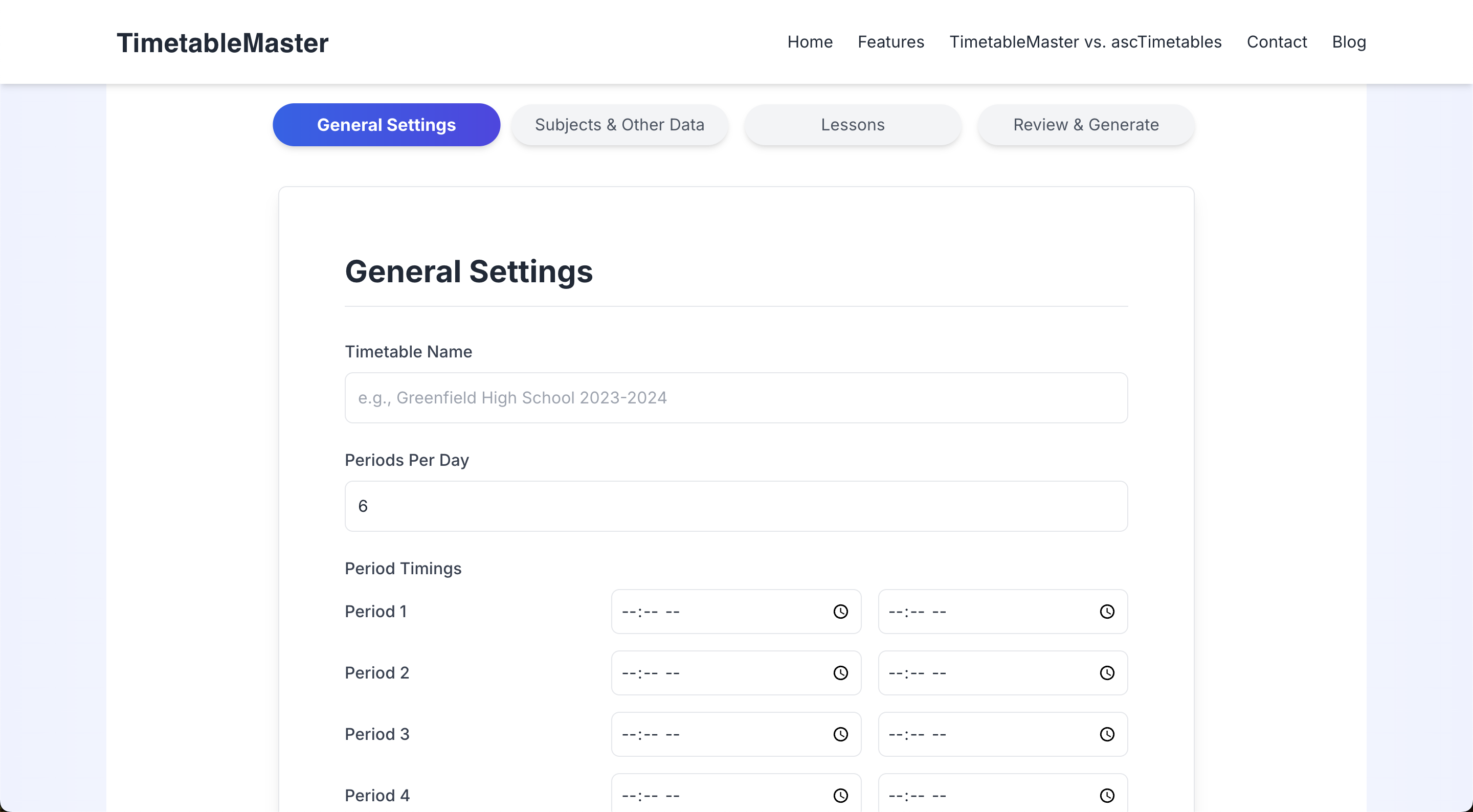 Input General Settings for TimetableMaster