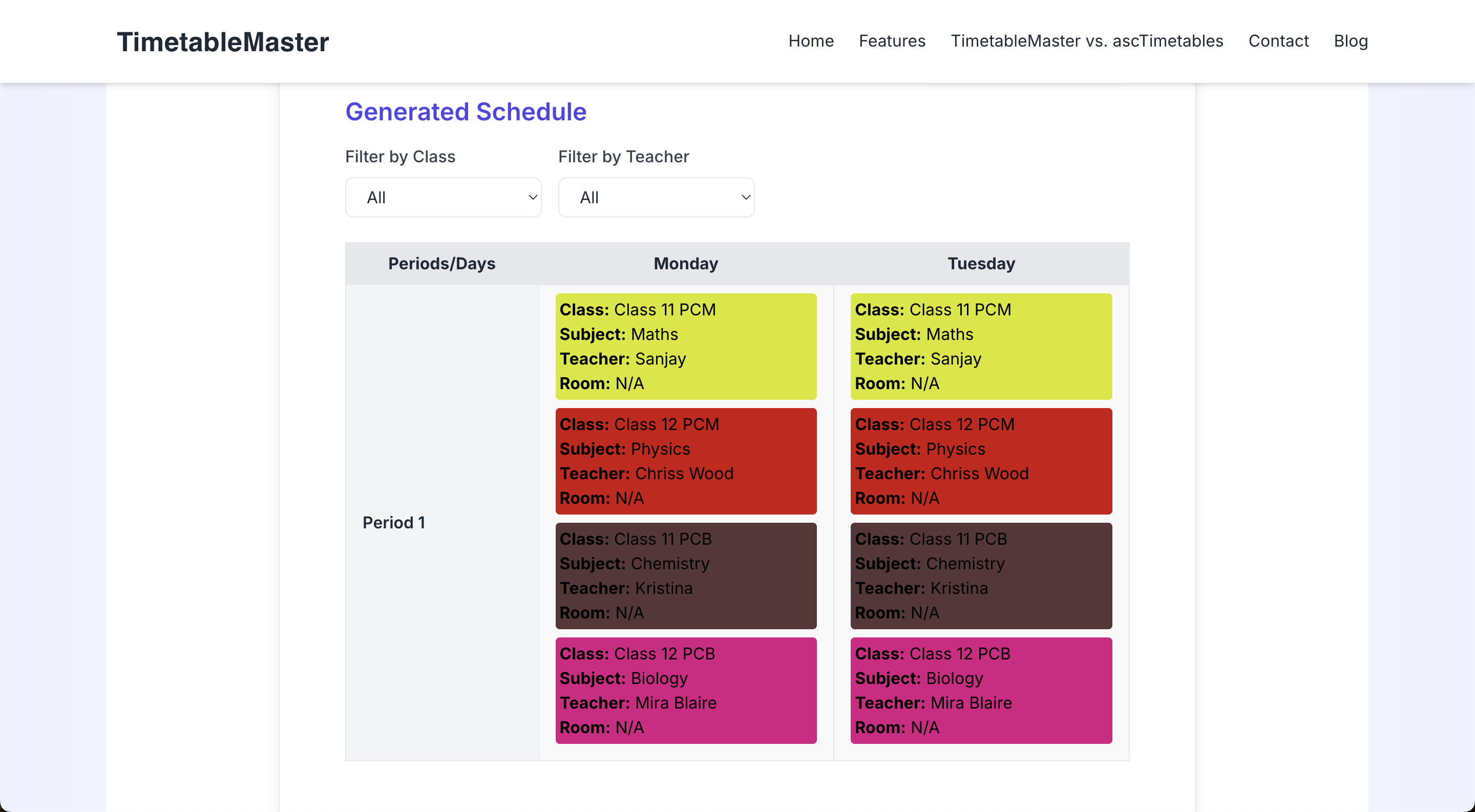 Generated Timetable in TimetableMaster